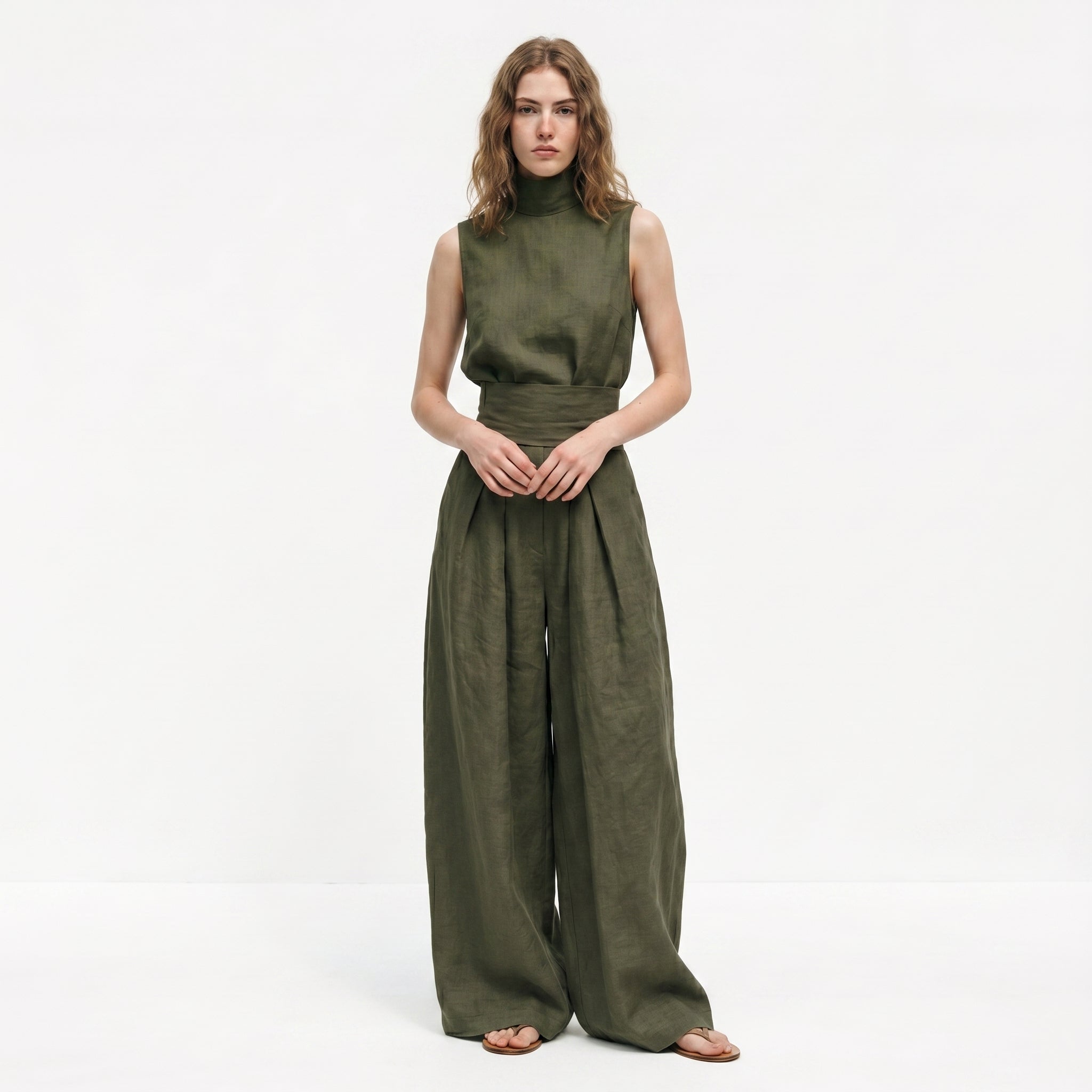 Madalena | Σετ Premium Λινό με Ψηλό Γιακά και Παντελόνια Wide Leg