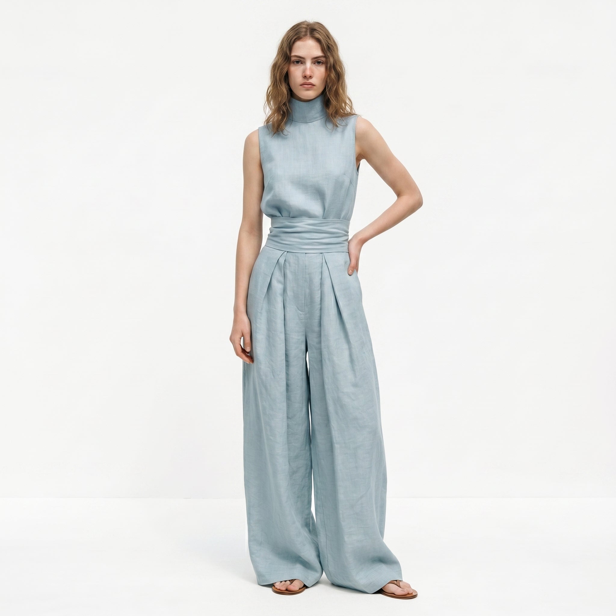 Madalena | Σετ Premium Λινό με Ψηλό Γιακά και Παντελόνια Wide Leg