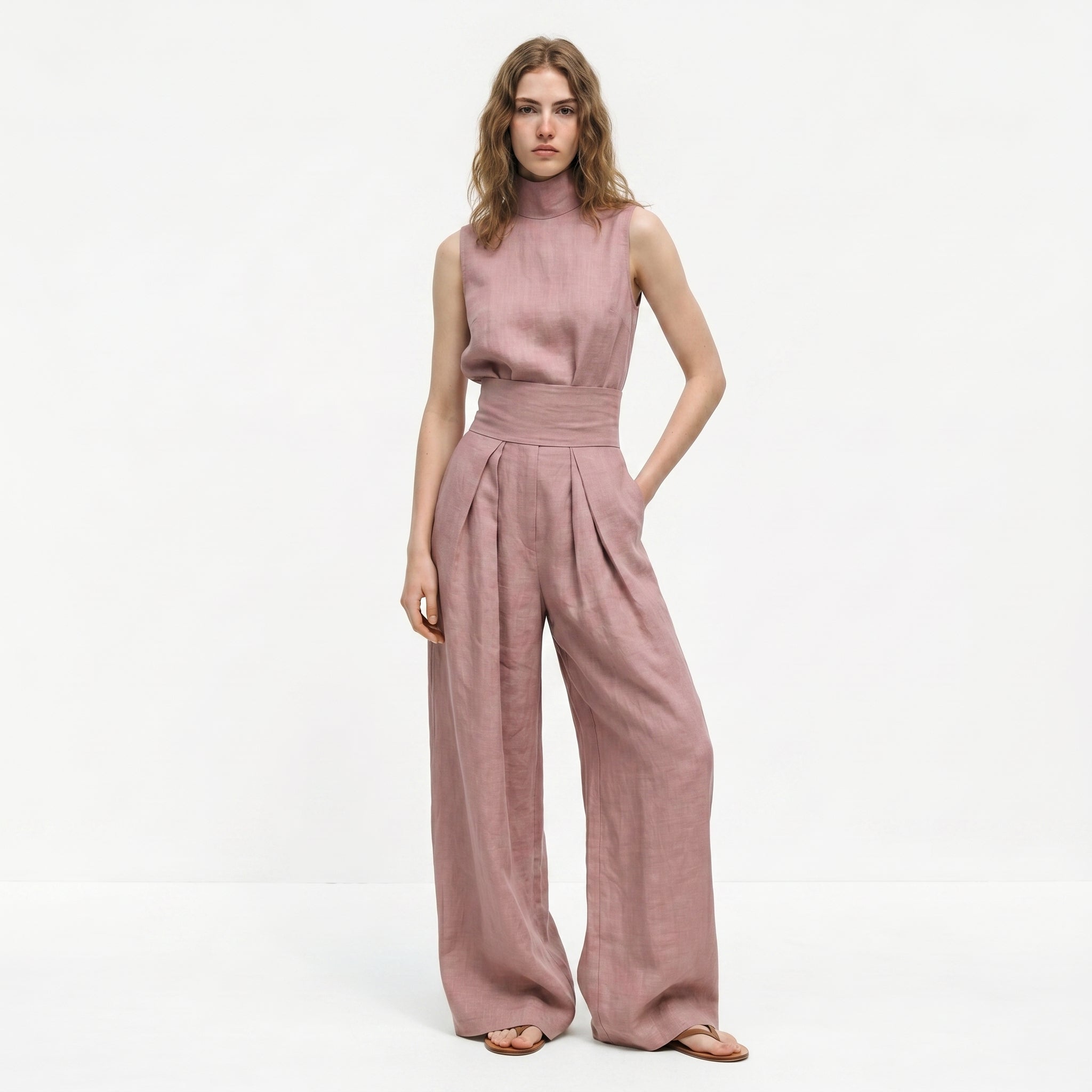 Madalena | Σετ Premium Λινό με Ψηλό Γιακά και Παντελόνια Wide Leg